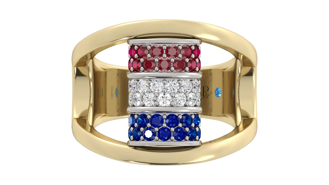 Two-Tone Barrel Ring with Ruby, Diamond & Sapphire