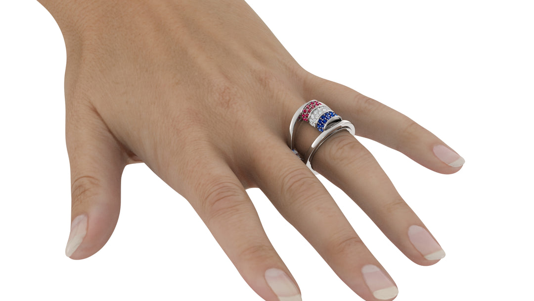 Barrel Ruby, diamond, sapphire ring