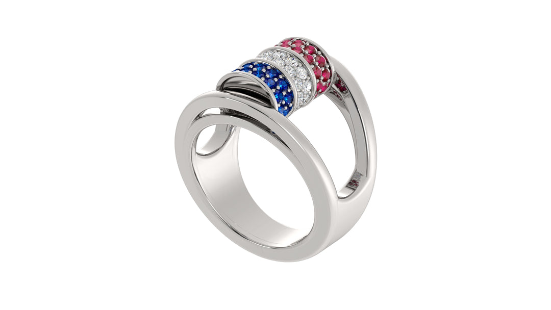 Barrel Ruby, diamond, sapphire ring