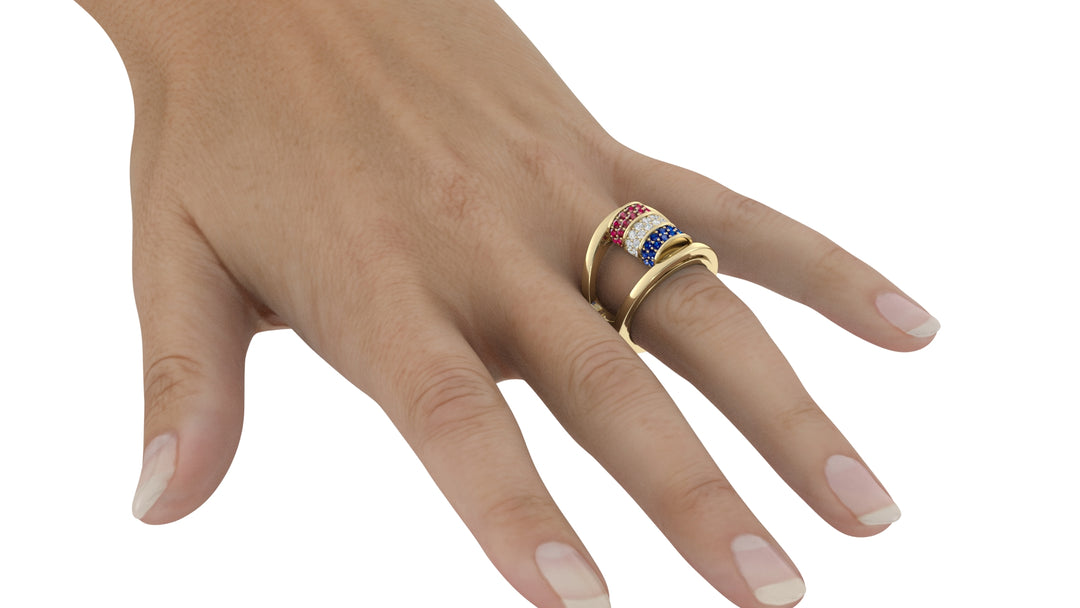Barrel Ruby, diamond, sapphire ring