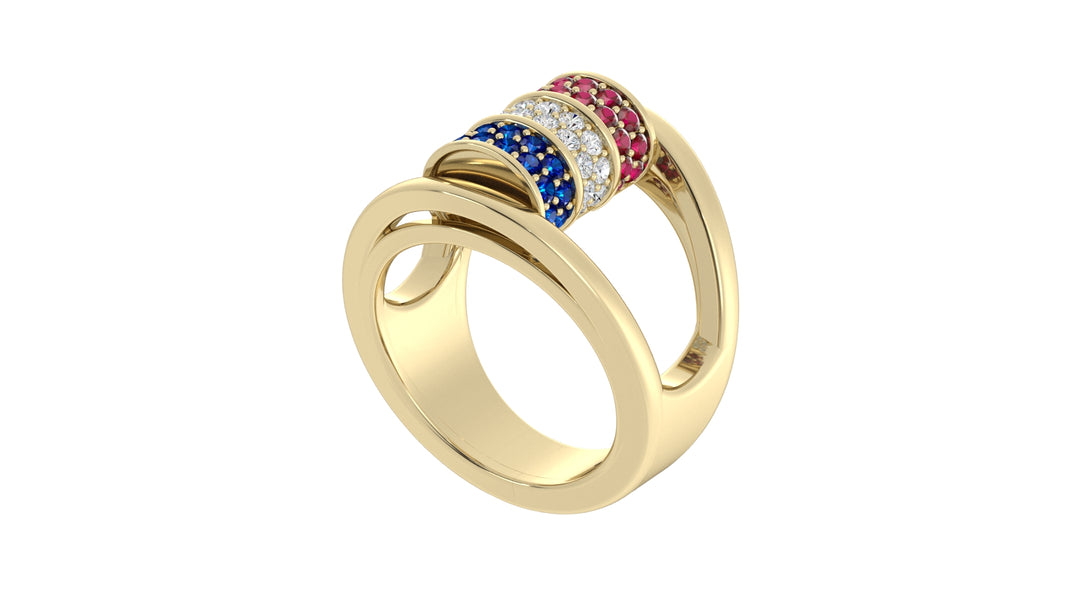 Barrel Ruby, diamond, sapphire ring