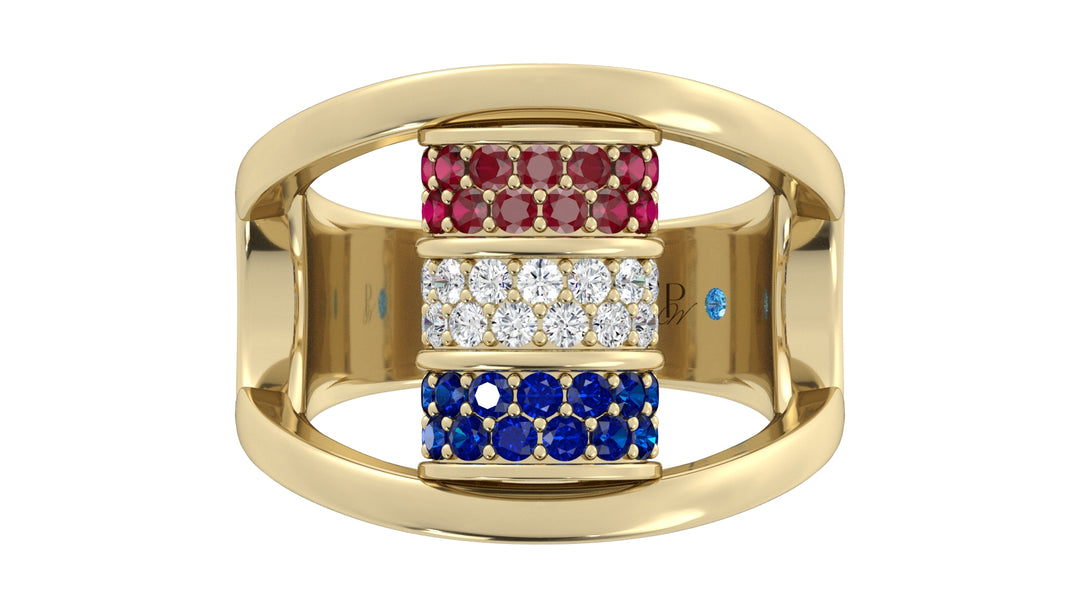 Barrel Ruby, diamond, sapphire ring