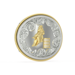 Load image into Gallery viewer, Oval belt buckle Silver and 14K Yellow gold diamond pave' Barrel &amp; Border