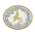 Load image into Gallery viewer, Oval belt buckle Silver and 14K Yellow gold diamond pave' Barrel &amp; Border