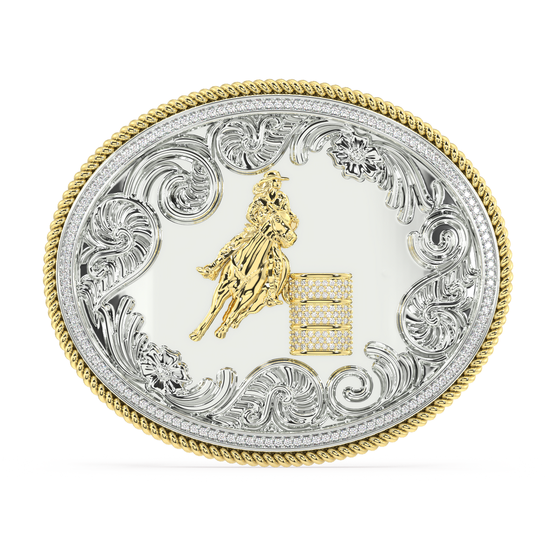 Oval belt buckle Silver and 14K Yellow gold diamond pave' Barrel & Border