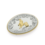 Load image into Gallery viewer, Oval Belt Buckle in Silver &amp; 14K Yellow Gold with Diamond Pavé Barrel Rims &amp; Border