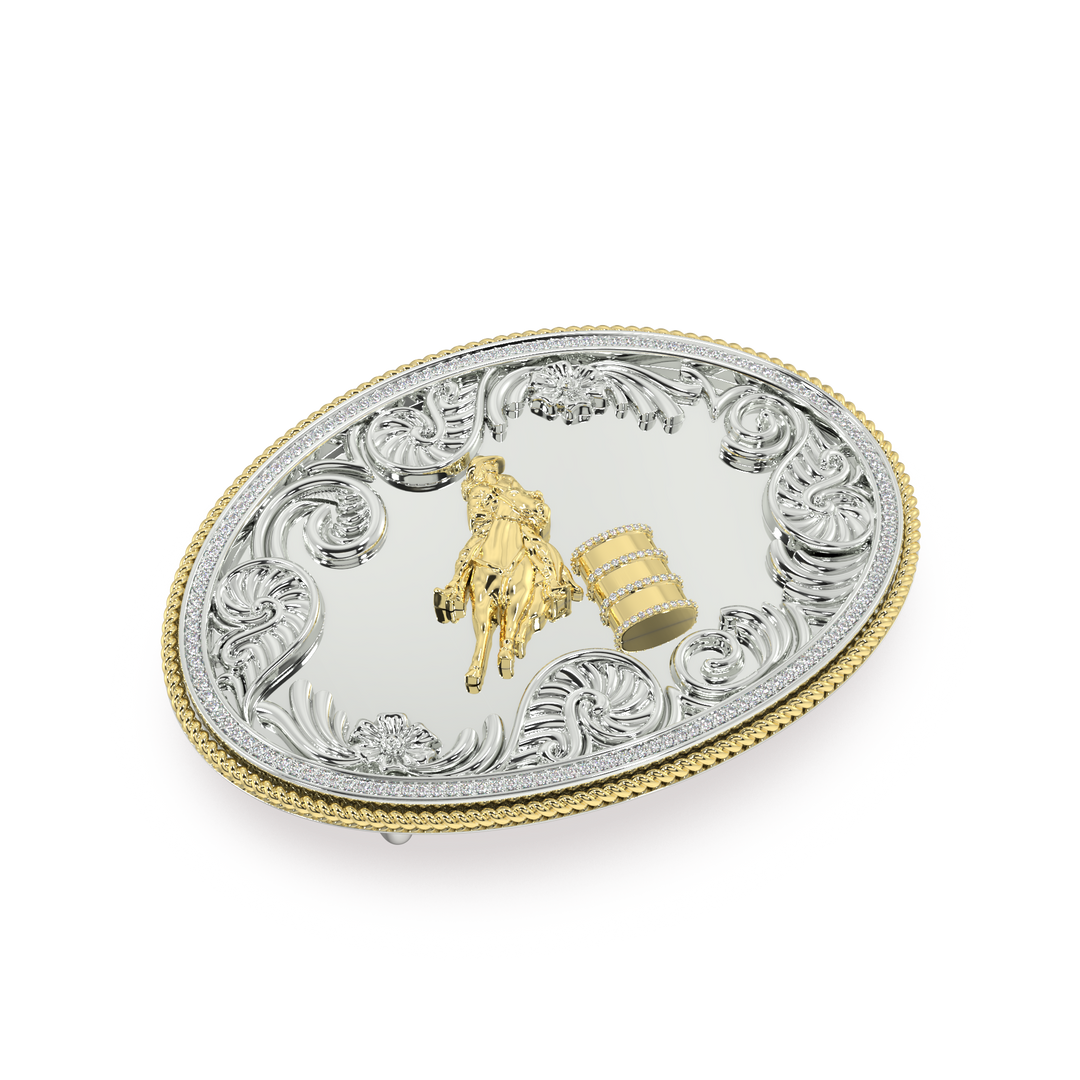 Oval Belt Buckle in Silver & 14K Yellow Gold with Diamond Pavé Barrel Rims & Border