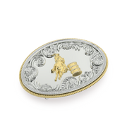 Oval Belt Buckle in Silver & 14K Yellow Gold with Diamond Pavé Barrel Rims & Border