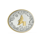 Load image into Gallery viewer, Oval Belt Buckle in Silver &amp; 14K Yellow Gold with Diamond Pavé Barrel Rims &amp; Border