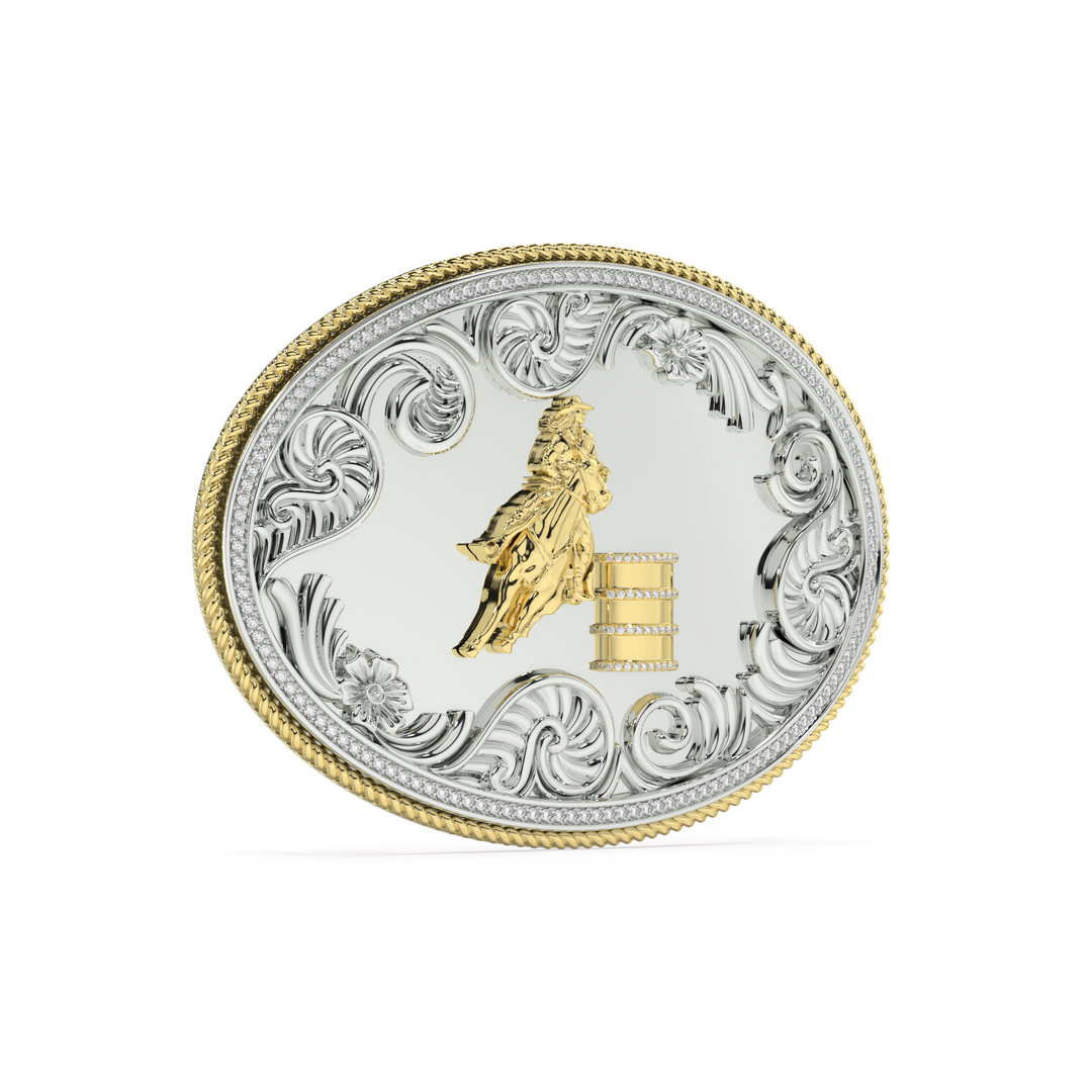 Oval Belt Buckle in Silver & 14K Yellow Gold with Diamond Pavé Barrel Rims & Border