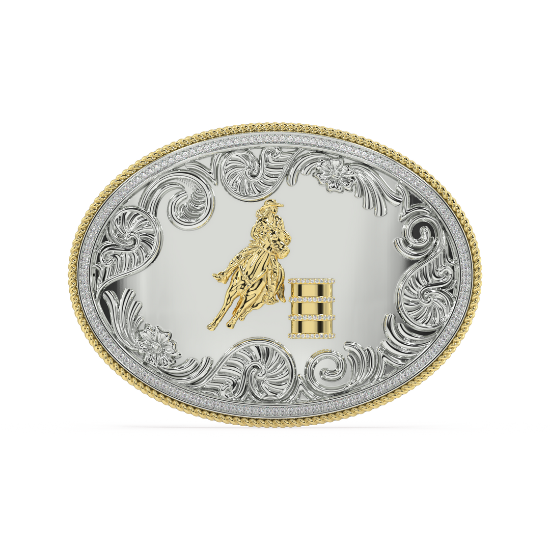 Oval Belt Buckle in Silver & 14K Yellow Gold with Diamond Pavé Barrel Rims & Border
