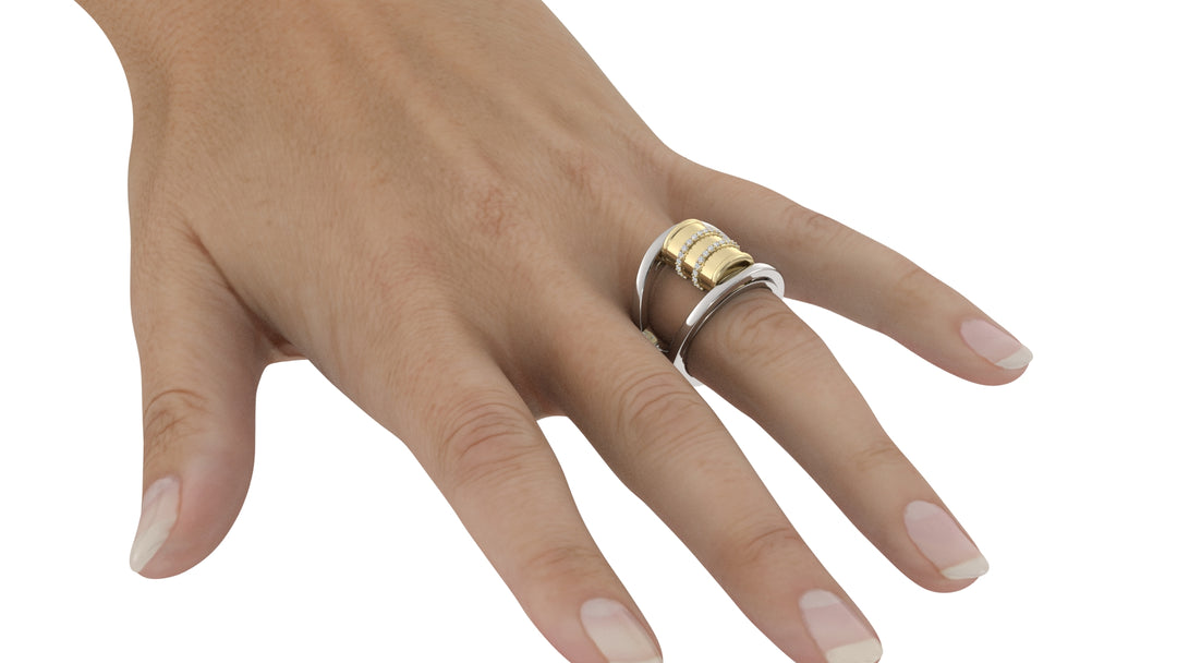 Two Tone Barrel Ring with Diamonds on Ribs and Rim