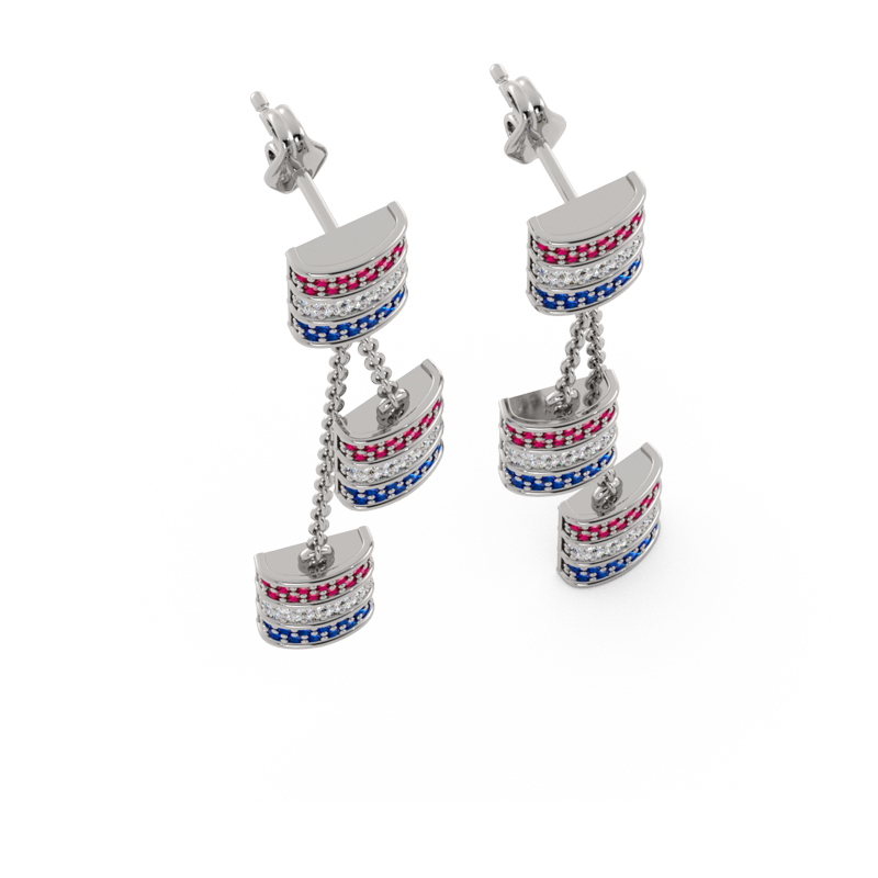 Mini Ruby, Diamond & Sapphire  Triple Barrel Dangle Post Earrings