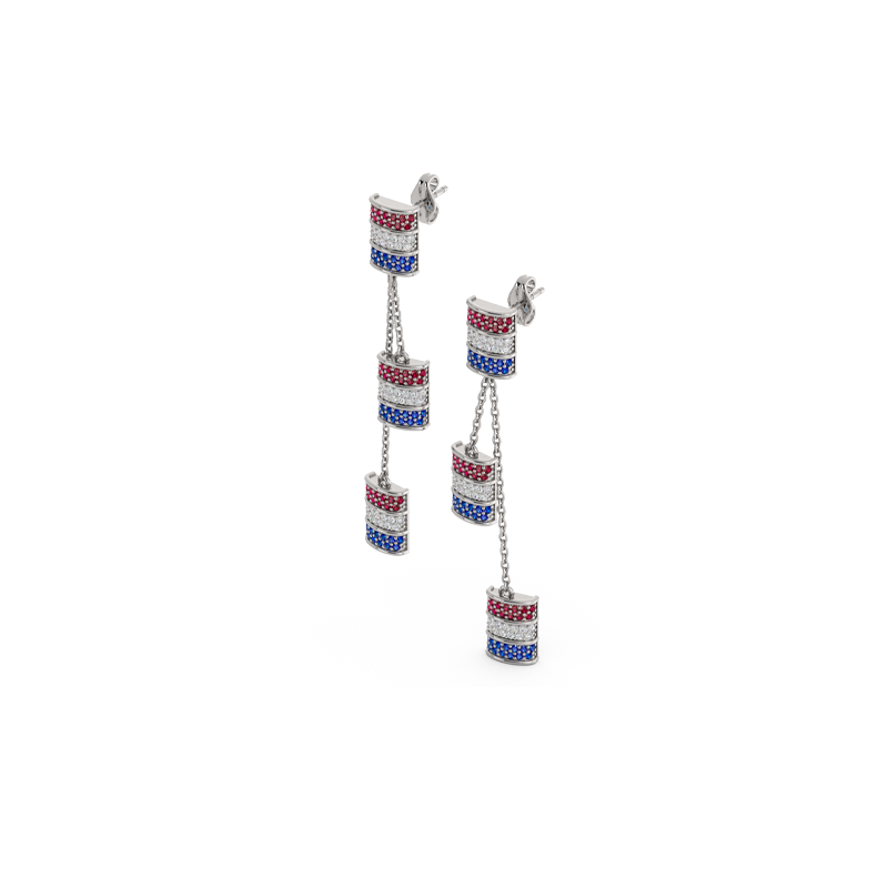 Mini Ruby, Diamond & Sapphire  Triple Barrel Dangle Post Earrings