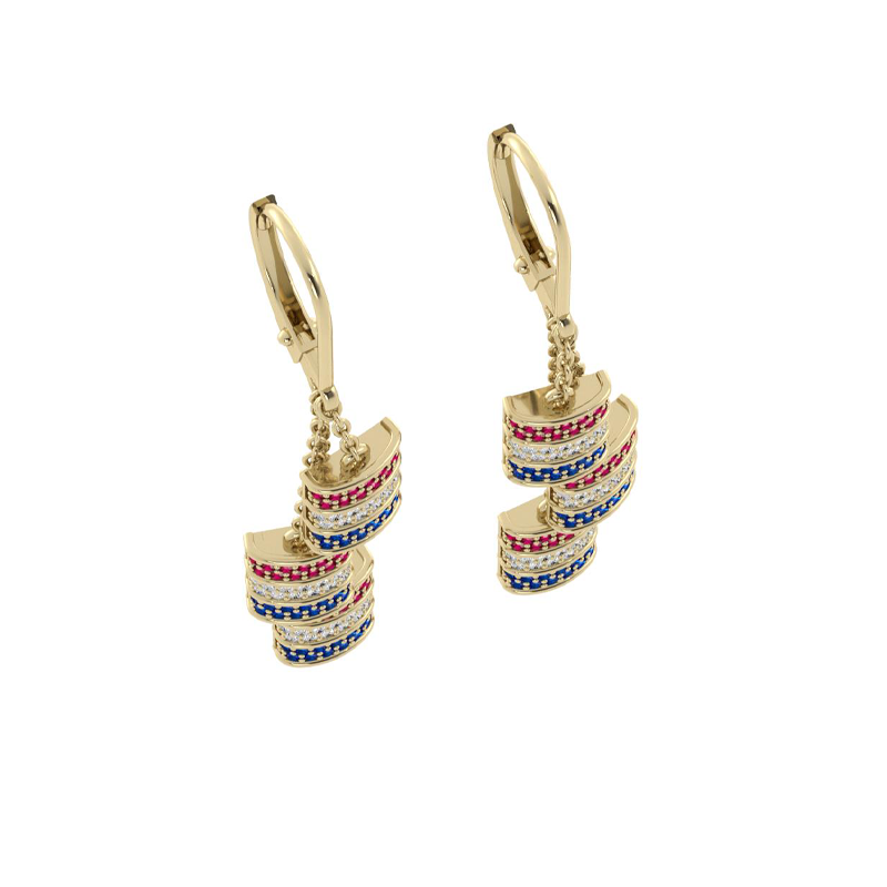 Mini Barrel Triple Dangle Leverback Earrings – Ruby, Diamond & Sapphire