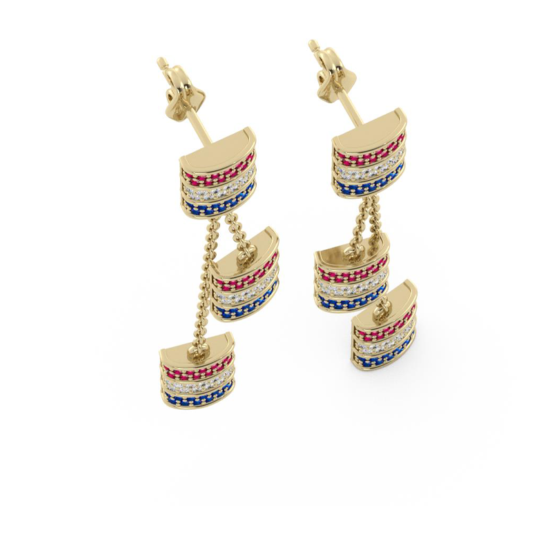 Mini Ruby, Diamond & Sapphire  Triple Barrel Dangle Post Earrings