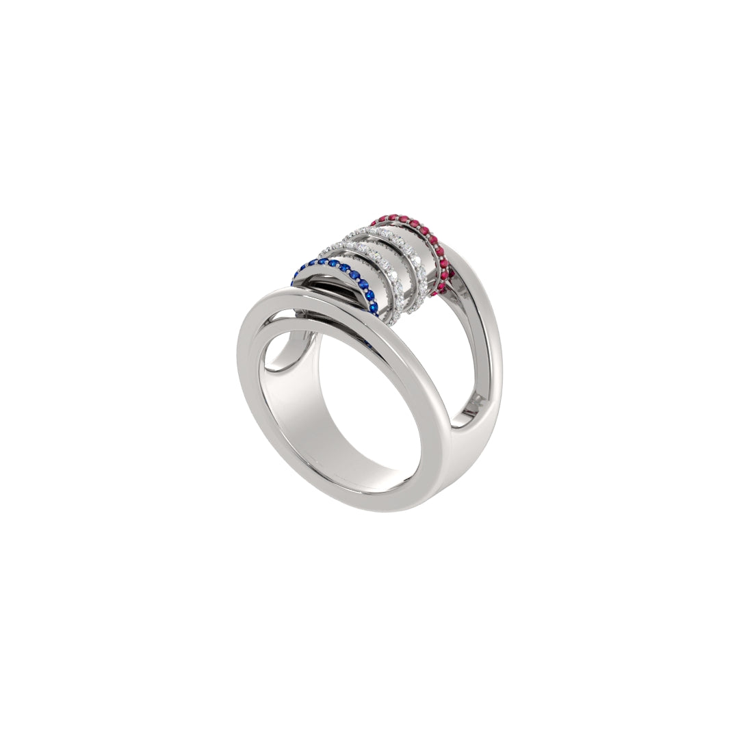Barrel Gem Ring – Diamond in Ribs, Ruby & Sapphire on Rims