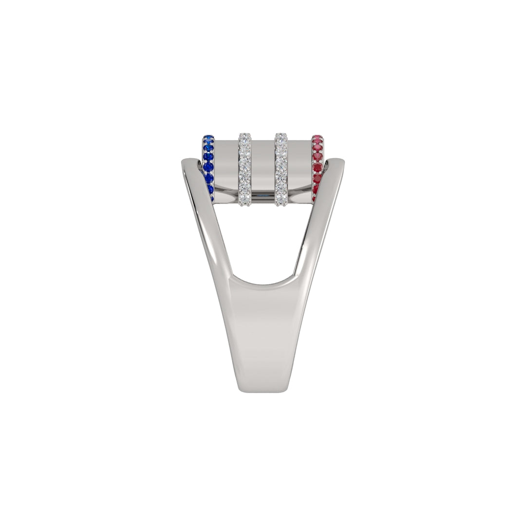 Barrel Gem Ring – Diamond in Ribs, Ruby & Sapphire on Rims