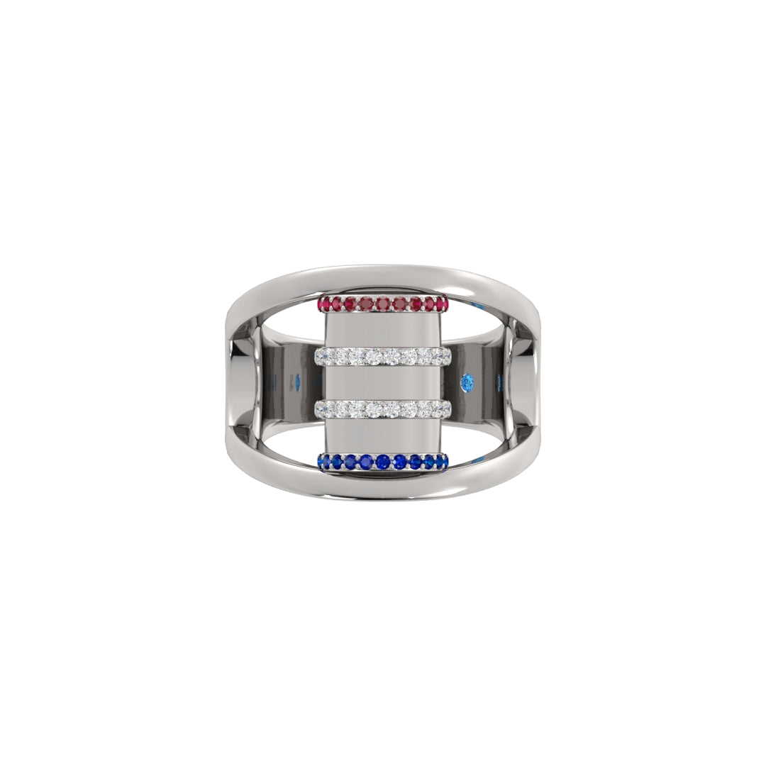 Barrel Gem Ring – Diamond in Ribs, Ruby & Sapphire on Rims