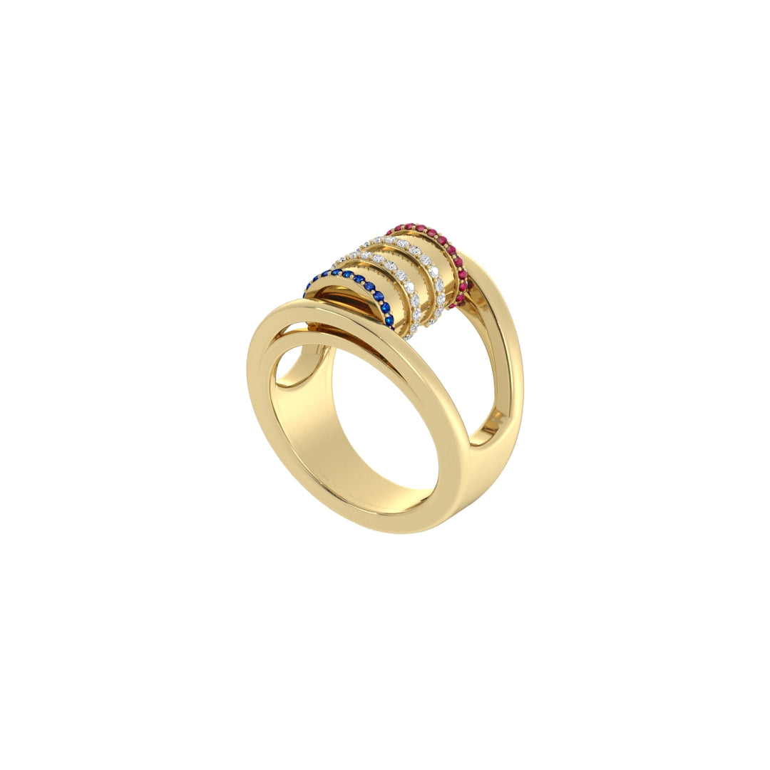 Barrel Gem Ring – Diamond in Ribs, Ruby & Sapphire on Rims