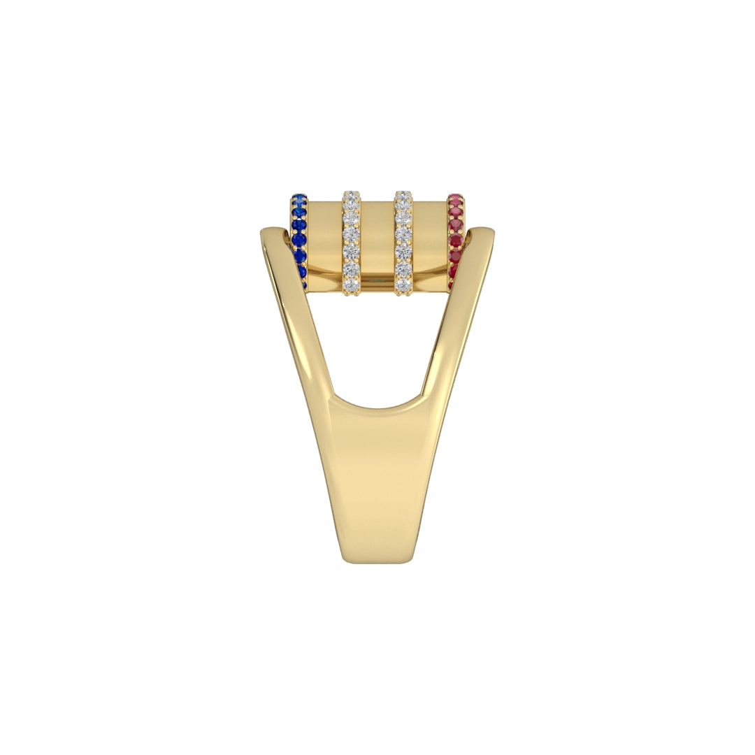 Barrel Gem Ring – Diamond in Ribs, Ruby & Sapphire on Rims