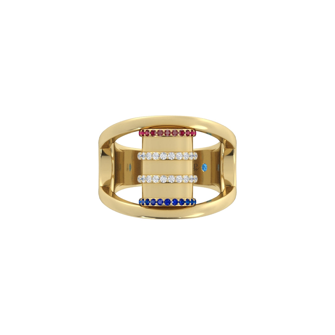 Barrel Gem Ring – Diamond in Ribs, Ruby & Sapphire on Rims