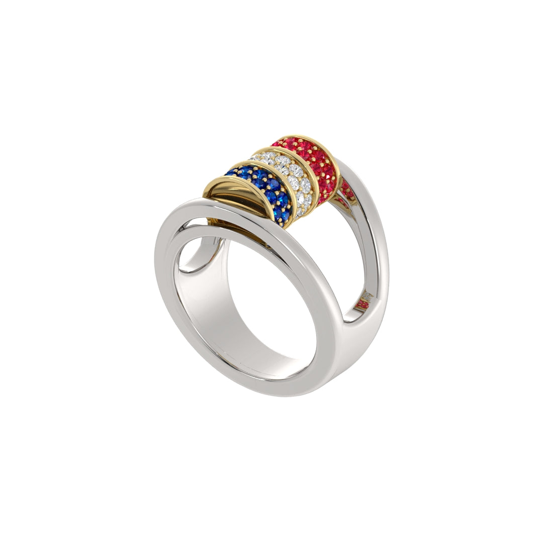 Two-Tone Barrel Ring with Ruby, Diamond & Sapphire