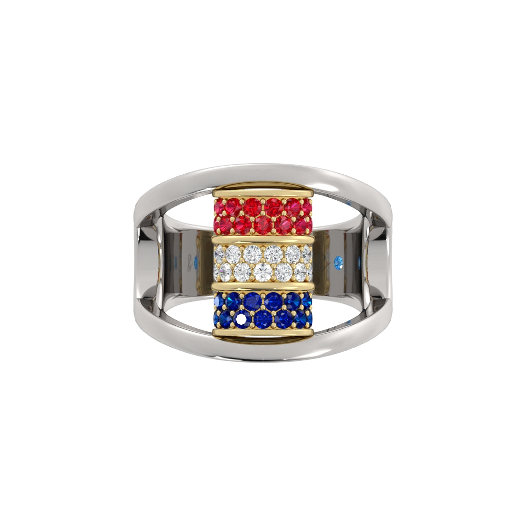 Two-Tone Barrel Ring with Ruby, Diamond & Sapphire