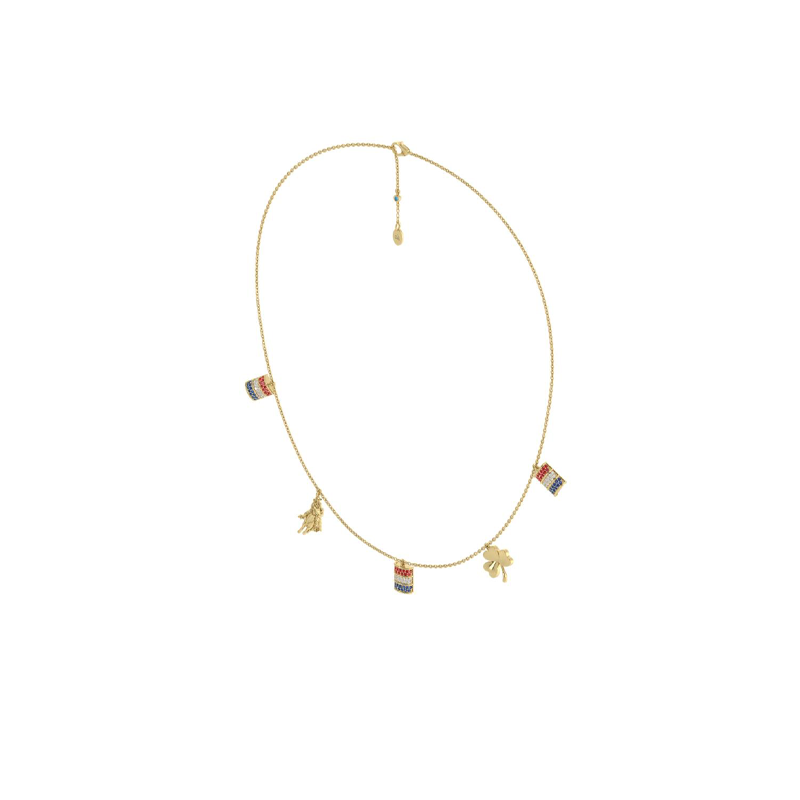 Barrel, Leaf & Rider Charm Necklace in Yellow Metal