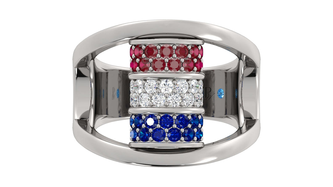 Barrel Ruby, diamond, sapphire ring