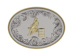 Load and play video in Gallery viewer, Oval belt buckle Silver and 14K Yellow gold diamond pave' Barrel &amp; Border