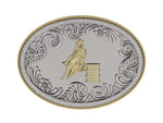 Load and play video in Gallery viewer, Oval Belt Buckle in Silver &amp; 14K Yellow Gold with Diamond Pavé Barrel Rims &amp; Border